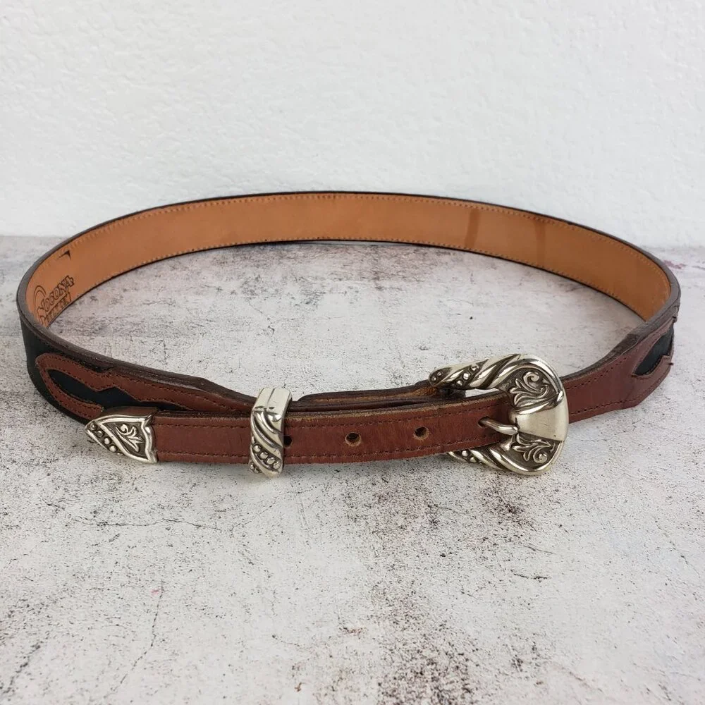 Vintage NOCONA Leather Belt Western Engraved Buckle Southwestern Boho Brown 34